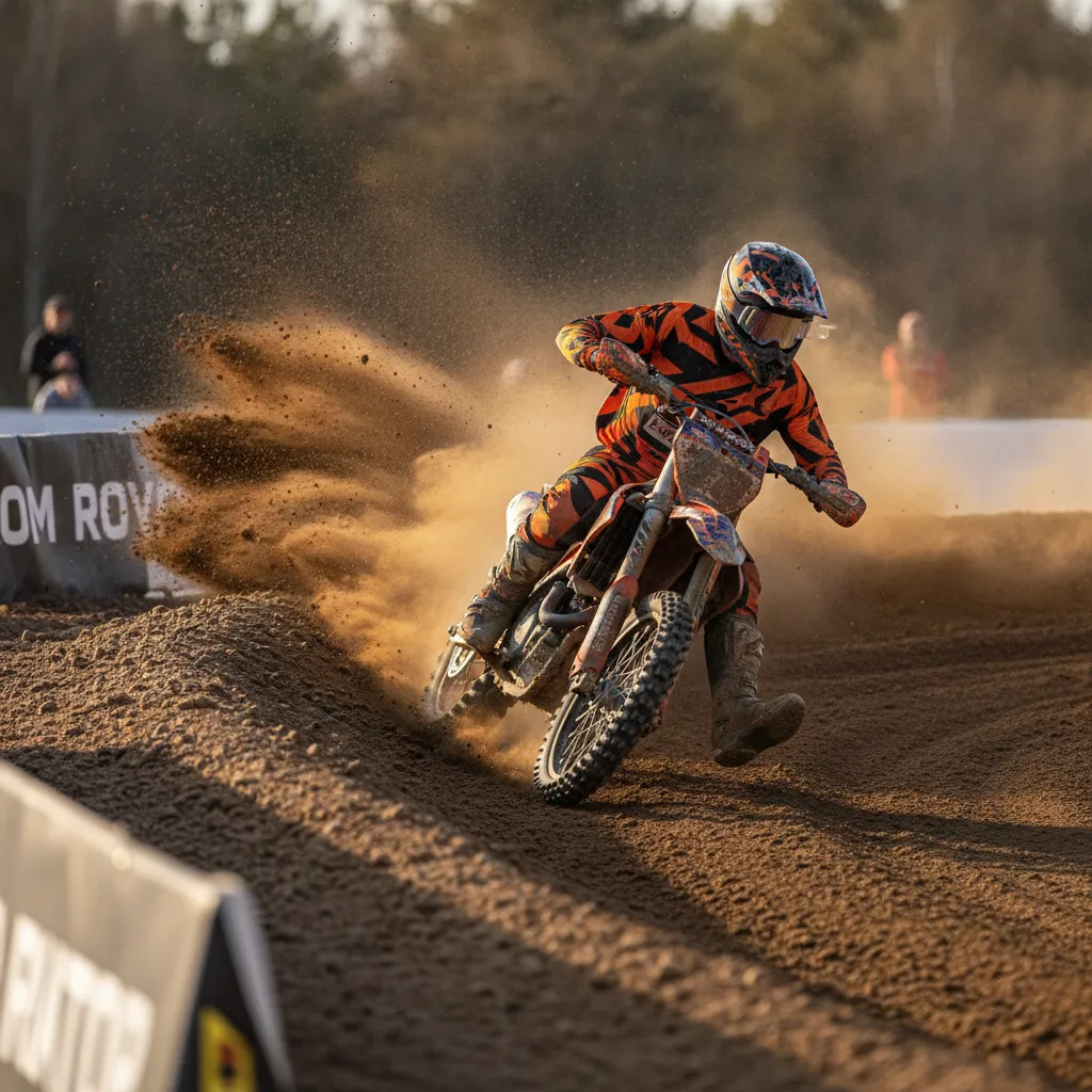 A motocross rider in orange and black gear leans hard into a dirt corner, kicking up a spray of earth, showcasing a common training discipline.