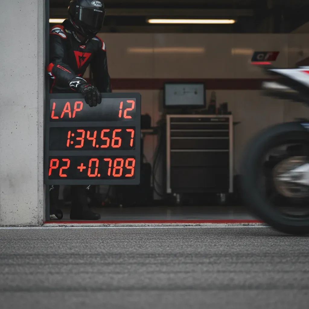 A MotoGP pit board showing lap time data to a rider during a practice session.