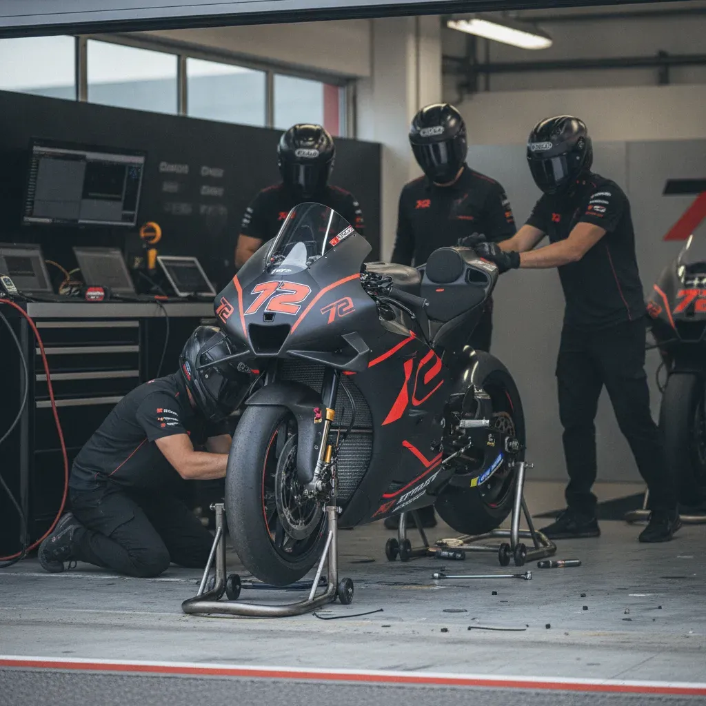 A team of MotoGP mechanics working on a race bike inside the pit garage.