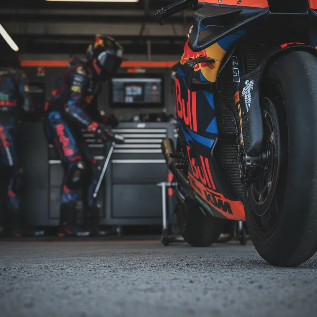 Brad Binder riding his Red Bull KTM race bike at speed through a corner during a MotoGP race.