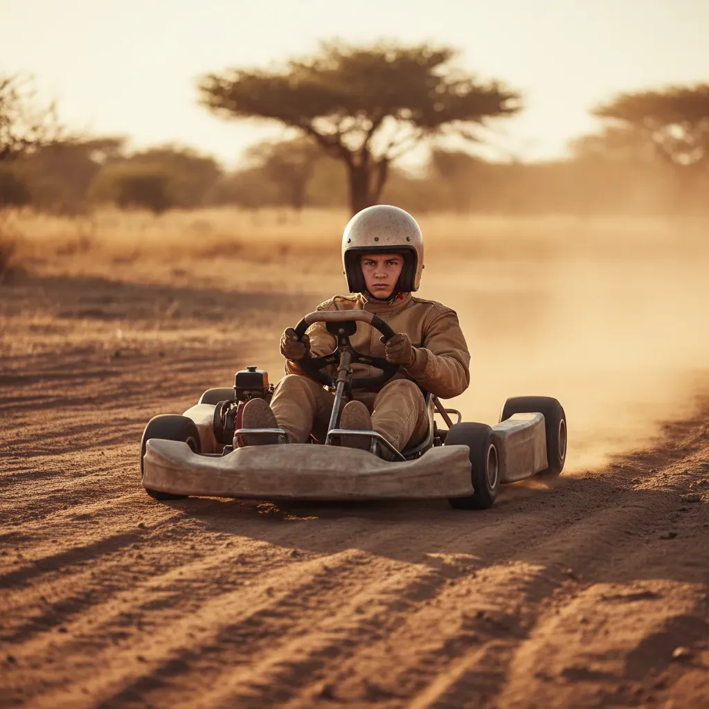 A young, anonymous rider in plain leathers sits on a simple racing kart on a dusty, sun-baked track in the South African