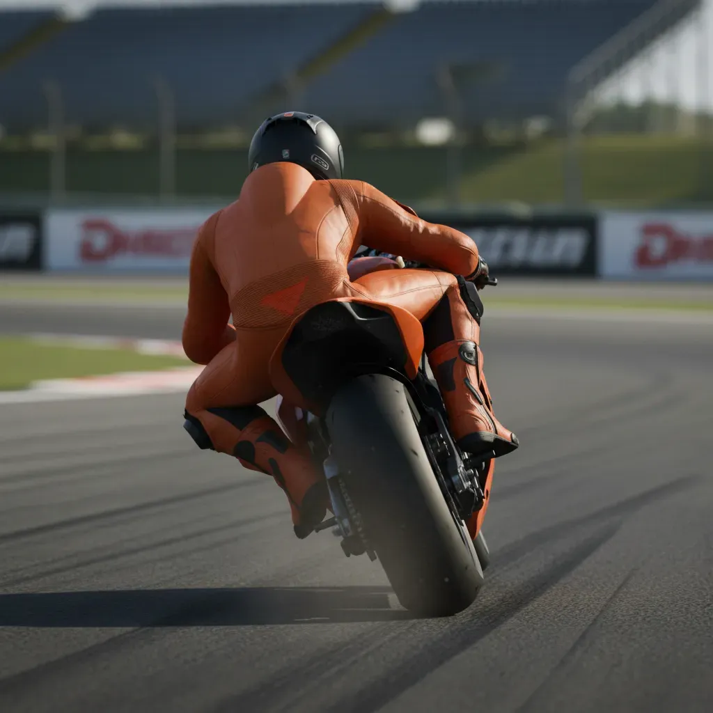 A close-up shot from behind a rider in unbranded orange leathers, leaned over at an impossible angle through a fast corn