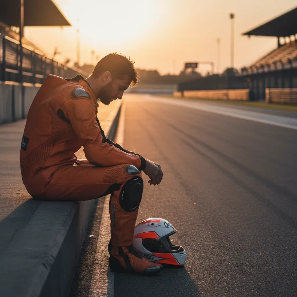 A rider in sweat-soaked, unbranded orange leathers sits on the pit wall, helmet off, head bowed in exhaustion and contem