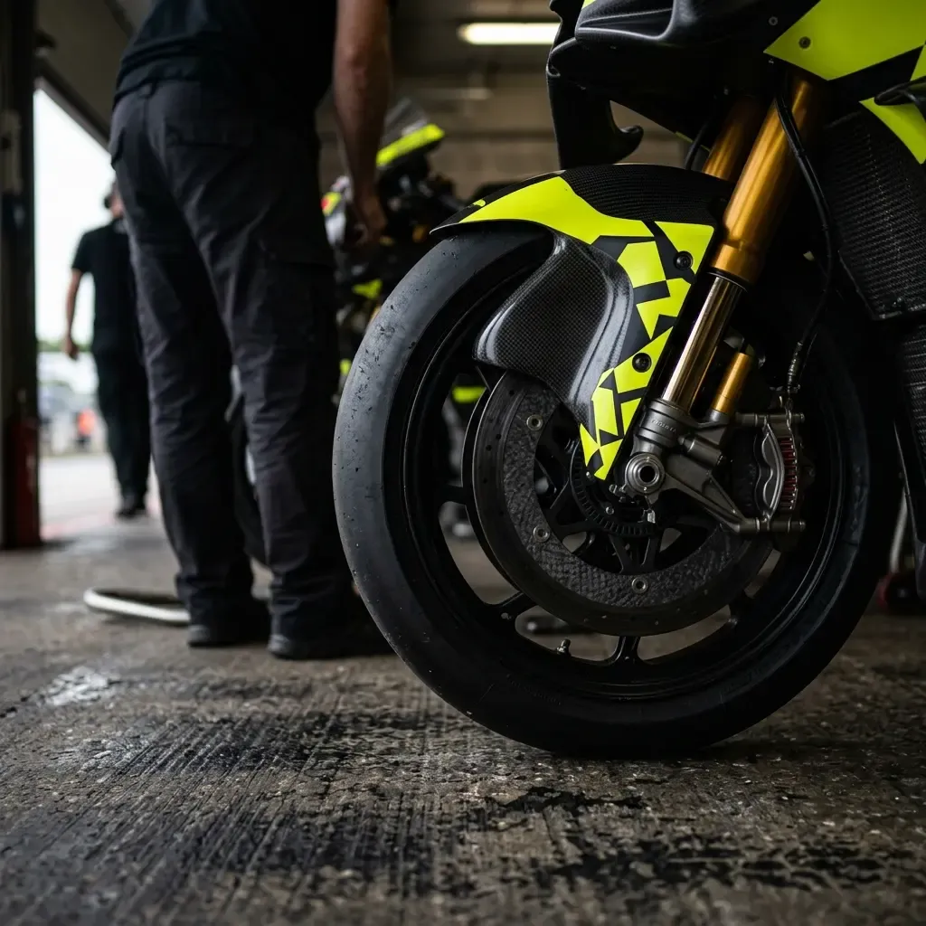 A close-up photograph of a high-performance carbon brake disc and calliper on a MotoGP motorcycle.