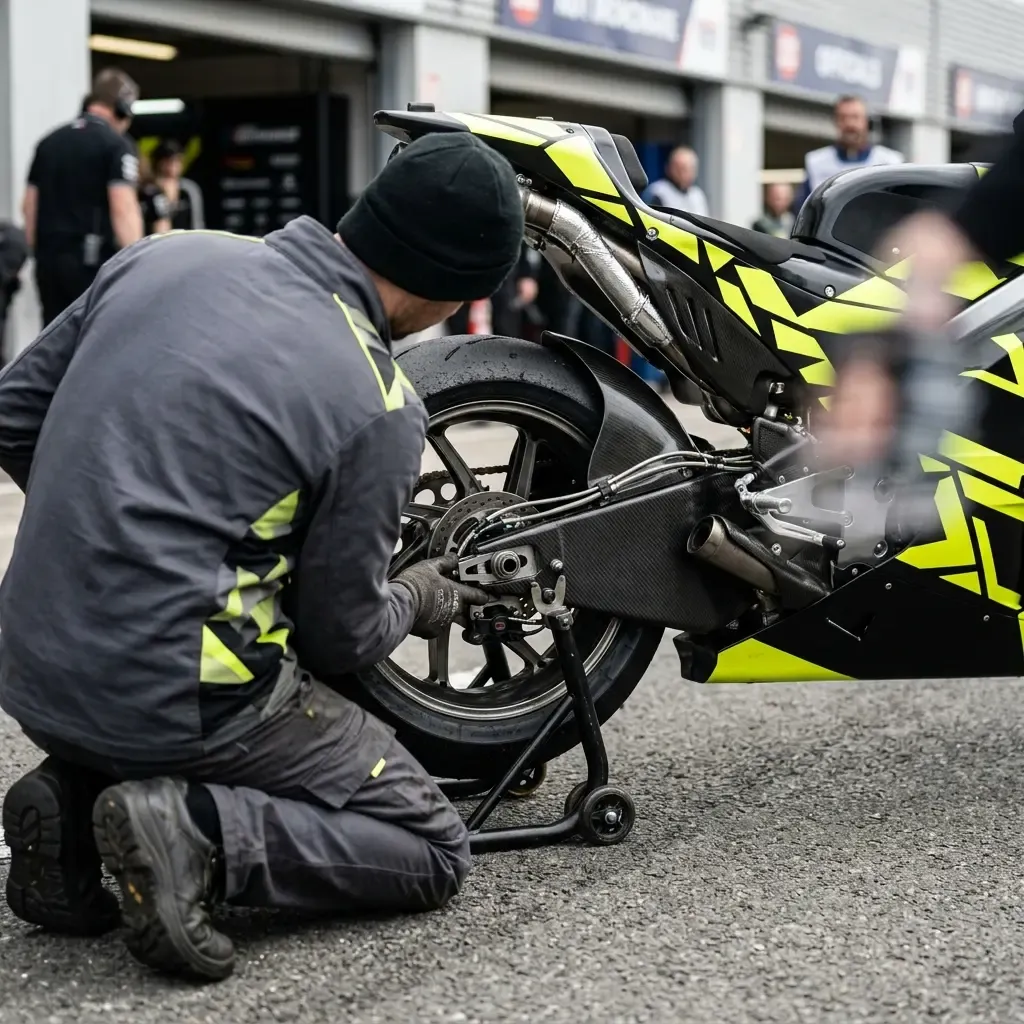 A MotoGP rider viewed from behind as they perform a controlled slide while entering a corner.