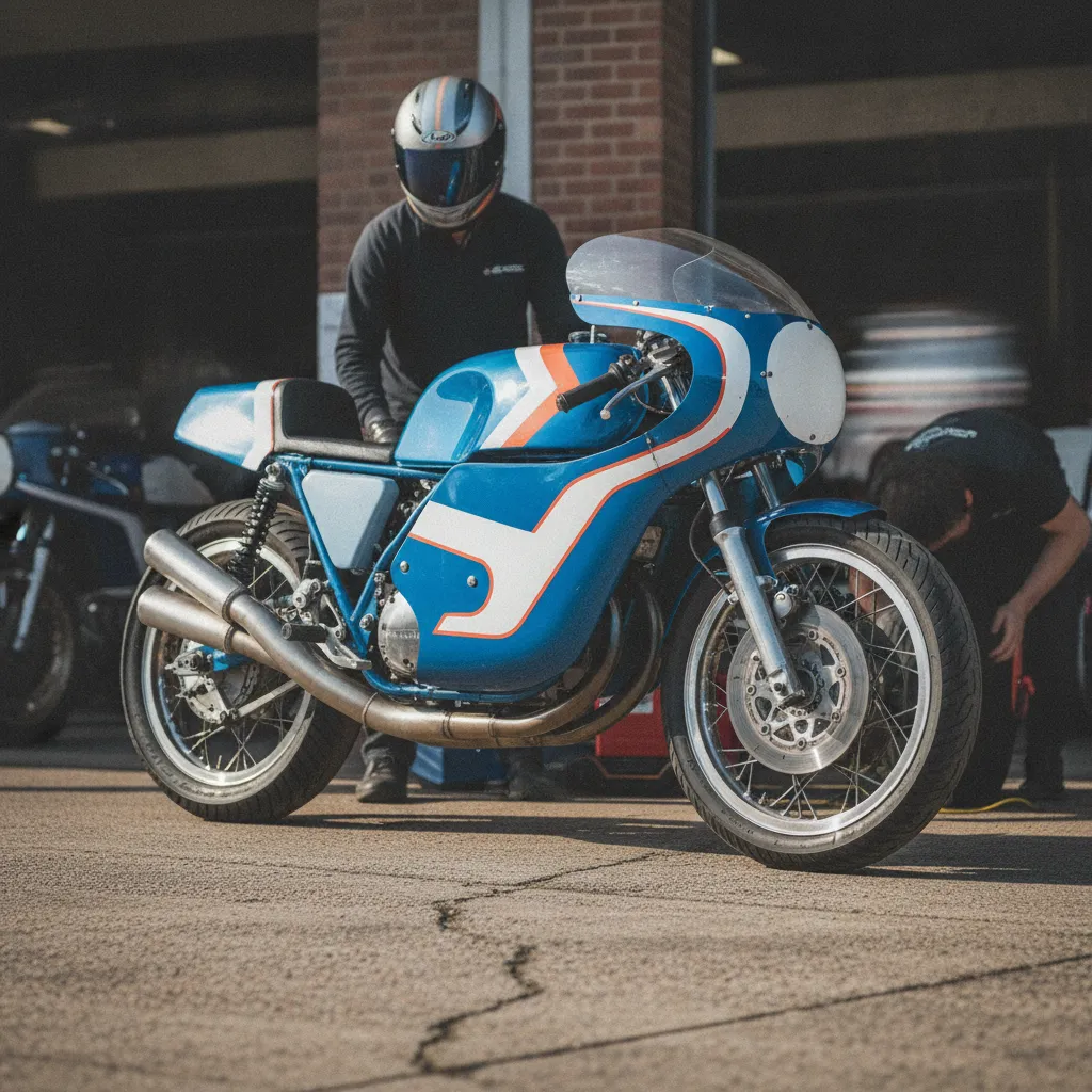 A classic 1970s 500cc Grand Prix motorcycle in a pit-lane, typical of the era in which Barry Sheene raced.