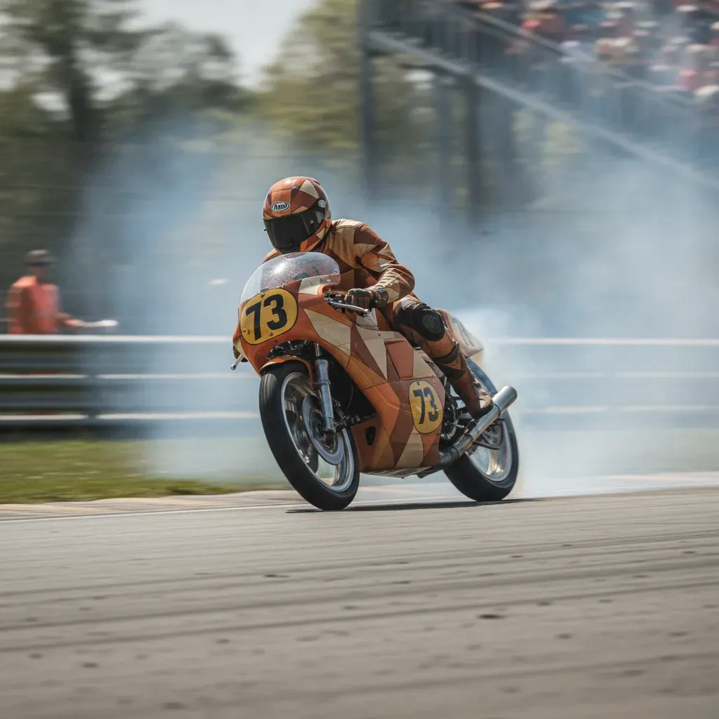 A rider on a 1970s Grand Prix motorcycle cornering at speed, illustrating the raw style of racing from that era.