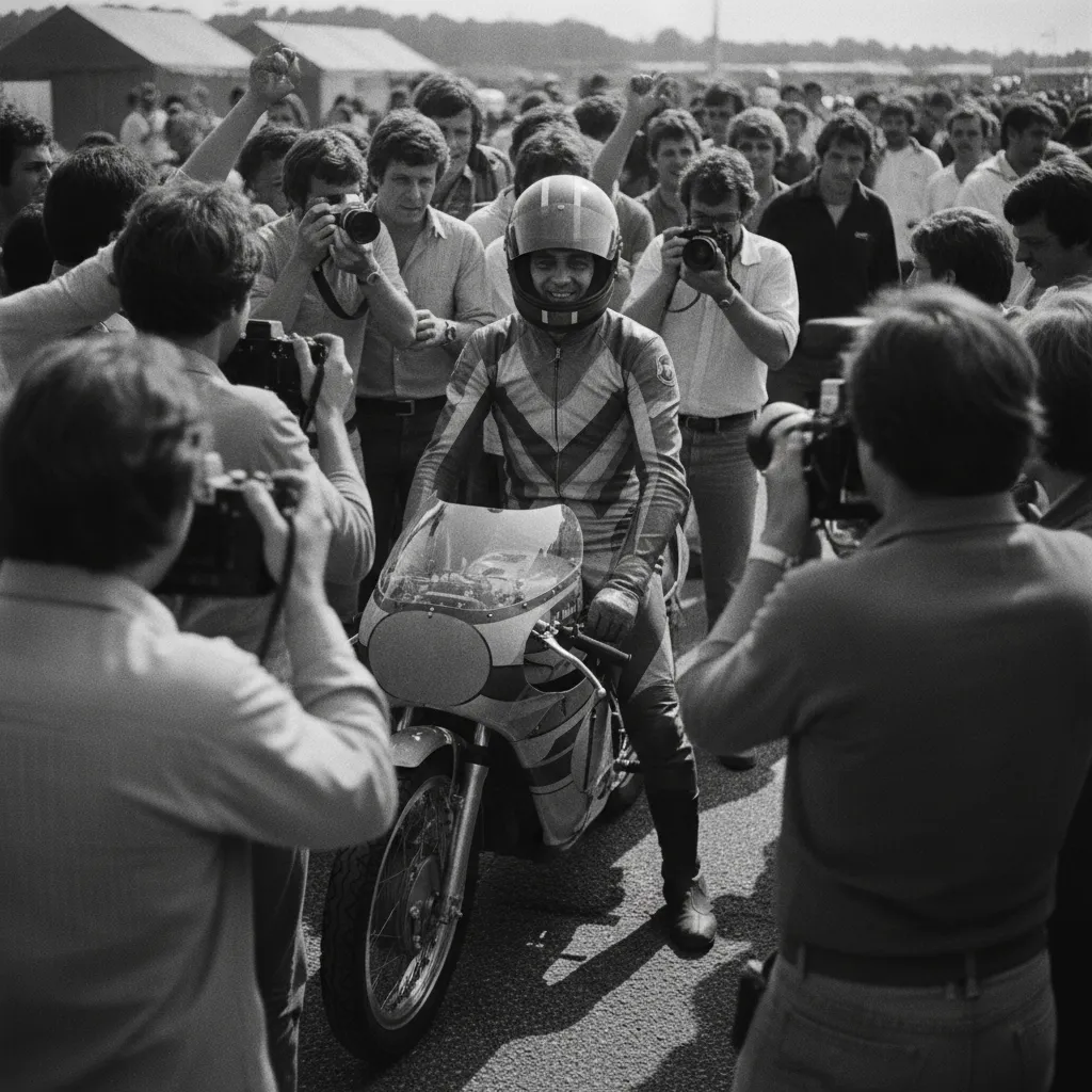 A scene depicting a popular 1970s motorcycle racer surrounded by fans and media, highlighting his celebrity status.
