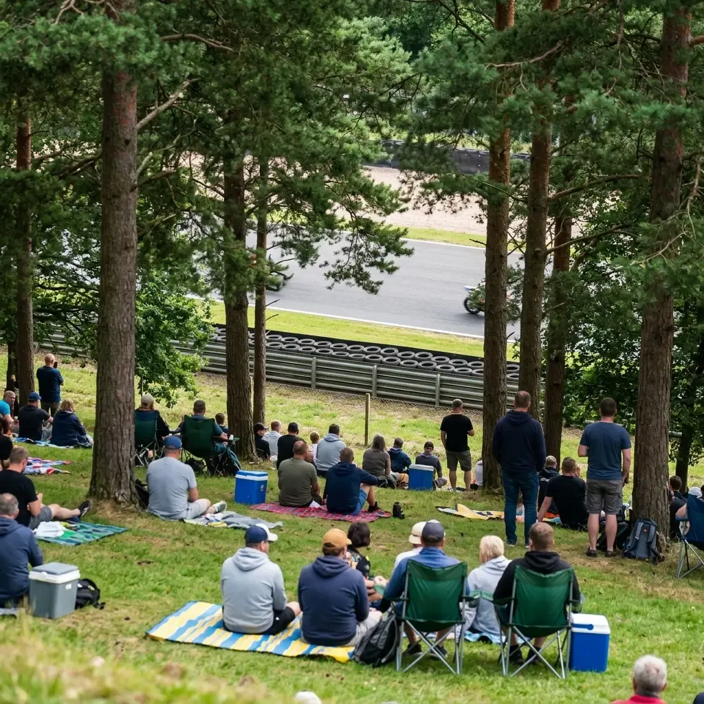A wide, high-angle shot of the Brno circuit, showcasing its 'natural amphitheatre' feel. The track is a grey ribbon wind