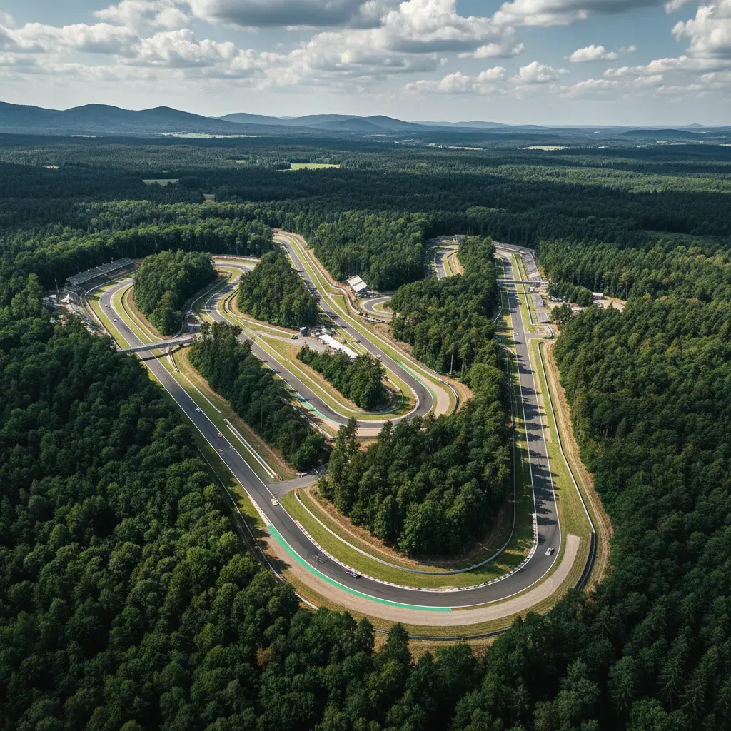 A wide, high-angle shot of the Brno circuit, showcasing its 'natural amphitheatre' feel. The track is a grey ribbon wind