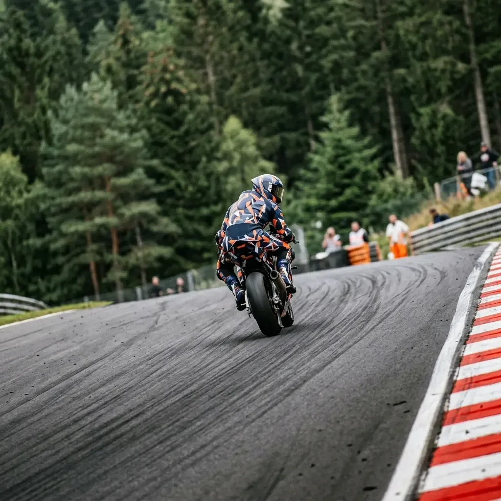 A tight action shot capturing two MotoGP-style bikes racing side-by-side through the fast, sweeping Turn 6 at Brno. The