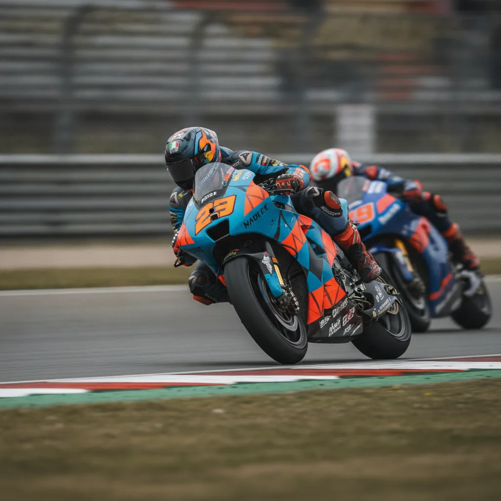A MotoGP rider leans their motorcycle at an extreme angle through a corner, closely followed by a rival.