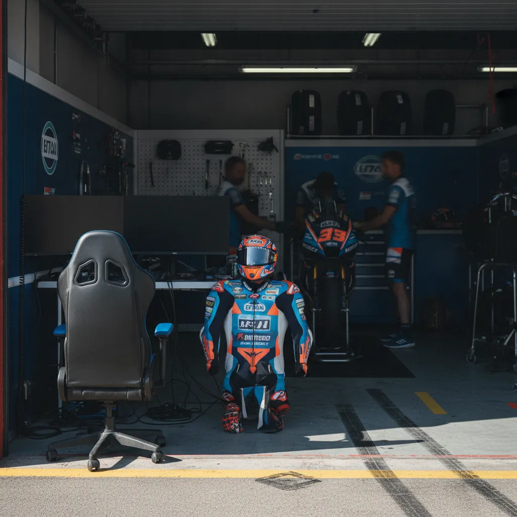 An empty space in the race team's garage, signifying a rider's absence following an injury.