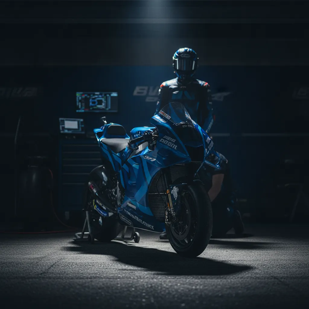 A single blue MotoGP race bike under a spotlight in a dark garage, symbolising future hopes.