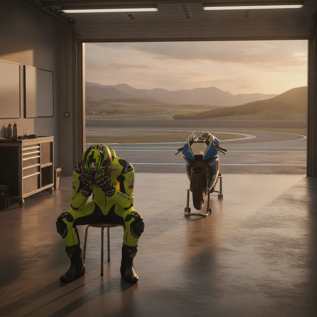 A MotoGP rider in yellow and black leathers sits in a pit garage looking dejected.