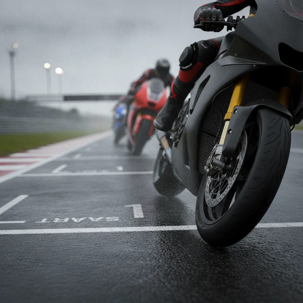 An empty space is visible on the starting grid of a MotoGP race, where a bike is missing.