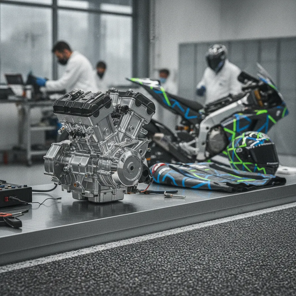 A new 850cc MotoGP engine on a workbench, symbolising the 2027 technical rule changes.