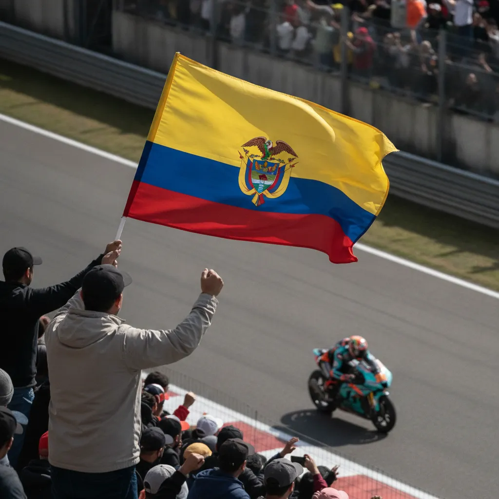 A fan in a grandstand waves a large Colombian flag in support of David Alonso.