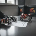 A close-up view of a rider's gloved hands signing an official HRC contract, with a model Honda race bike blurred in the background.