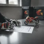 A close-up view of a rider's gloved hands signing an official HRC contract, with a model Honda race bike blurred in the background.