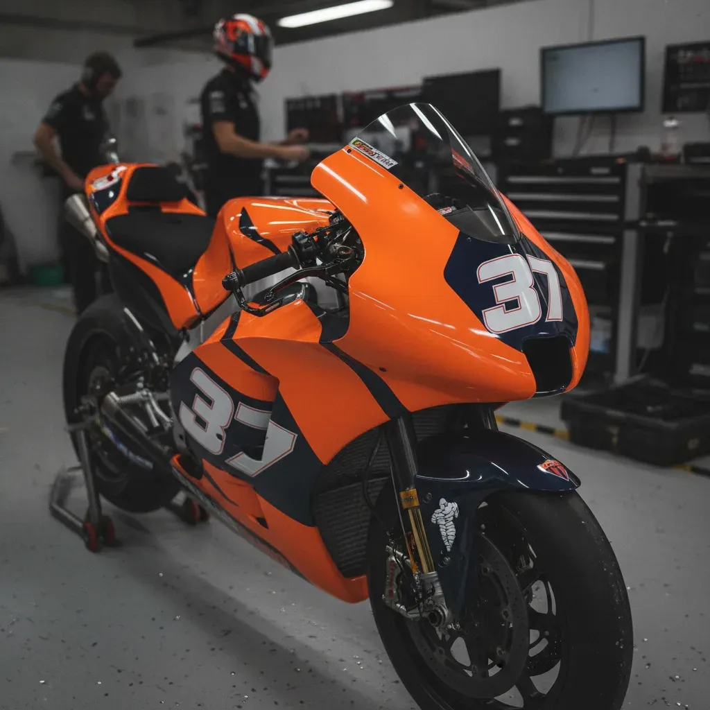 A MotoGP bike with minimalist 2027-style aerodynamics leans through a corner on a race track.