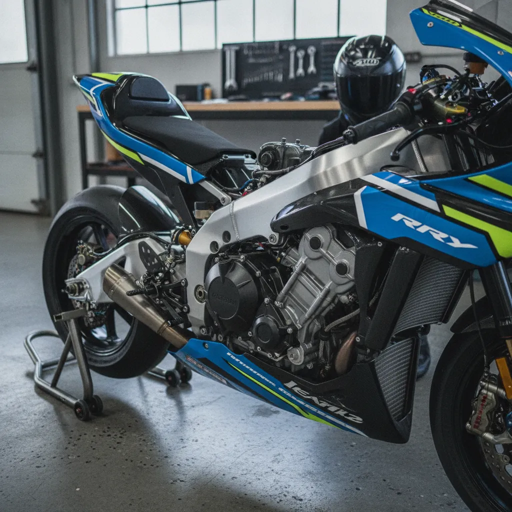 A MotoGP bike with minimalist 2027-style aerodynamics leans through a corner on a race track.