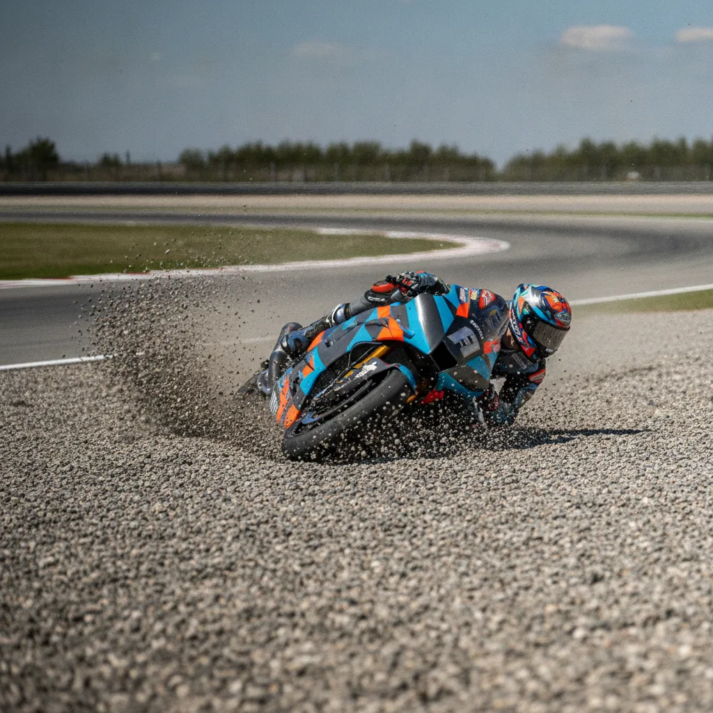 A MotoGP bike rests in a gravel trap after a crash during a race session.