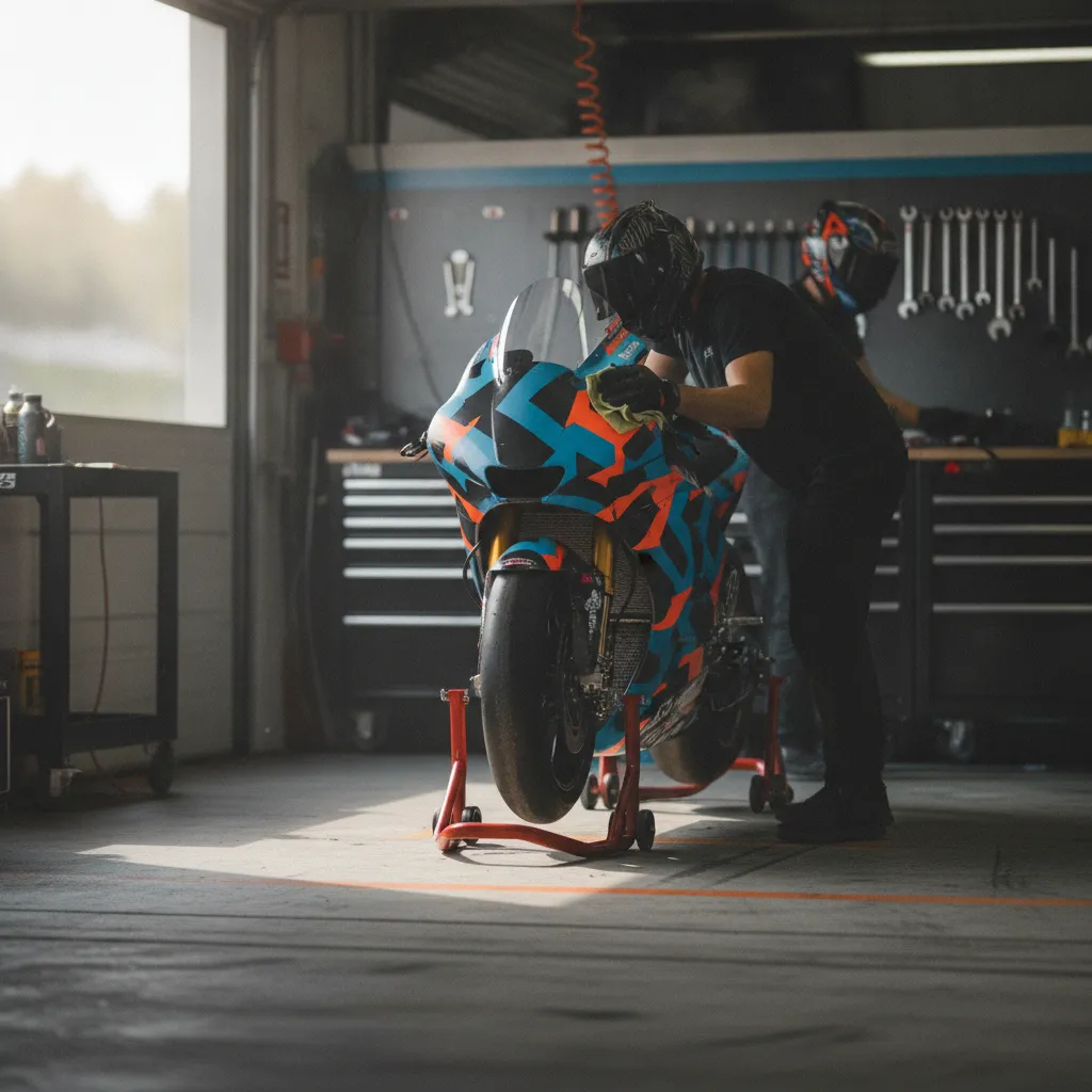 A mechanic carefully prepares a MotoGP bike in the calm environment of the team's pit garage.