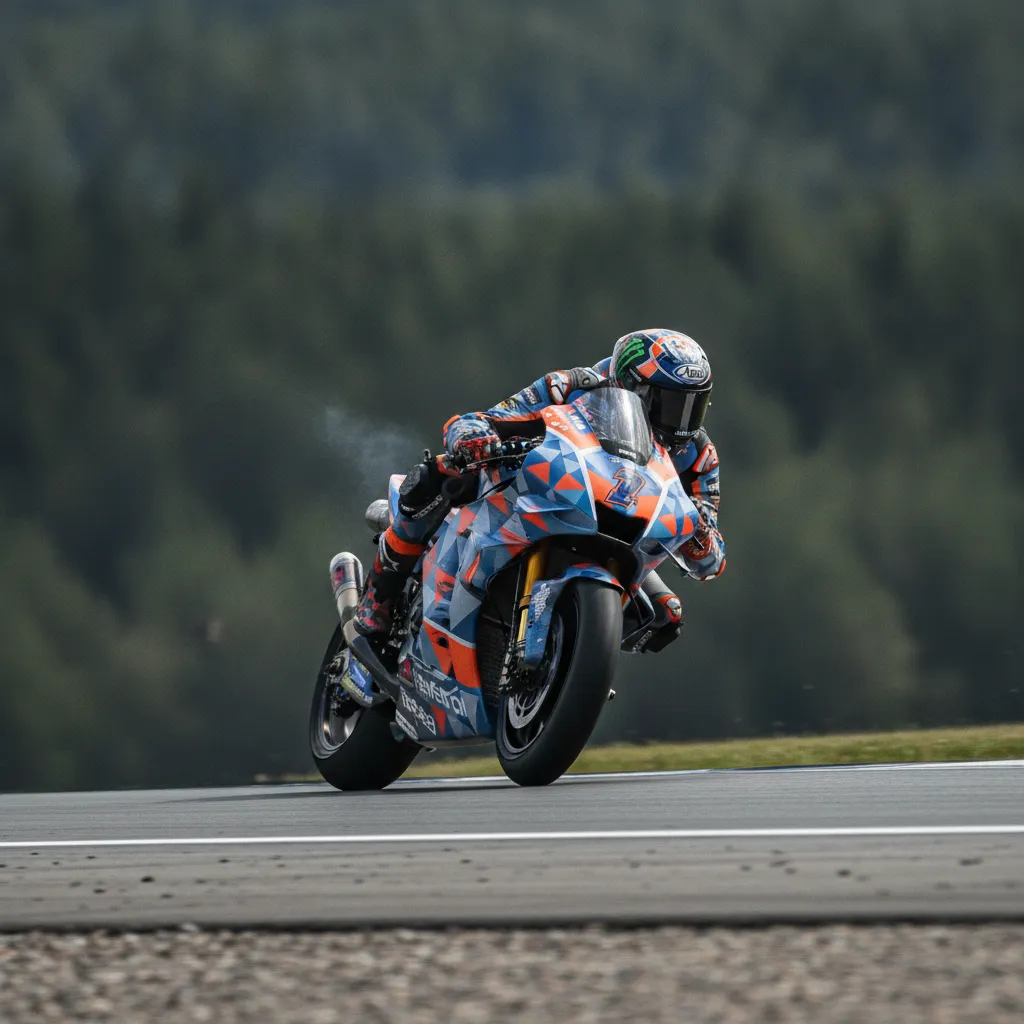 Three MotoGP bikes race at high speed down the main straight at the Brno circuit.