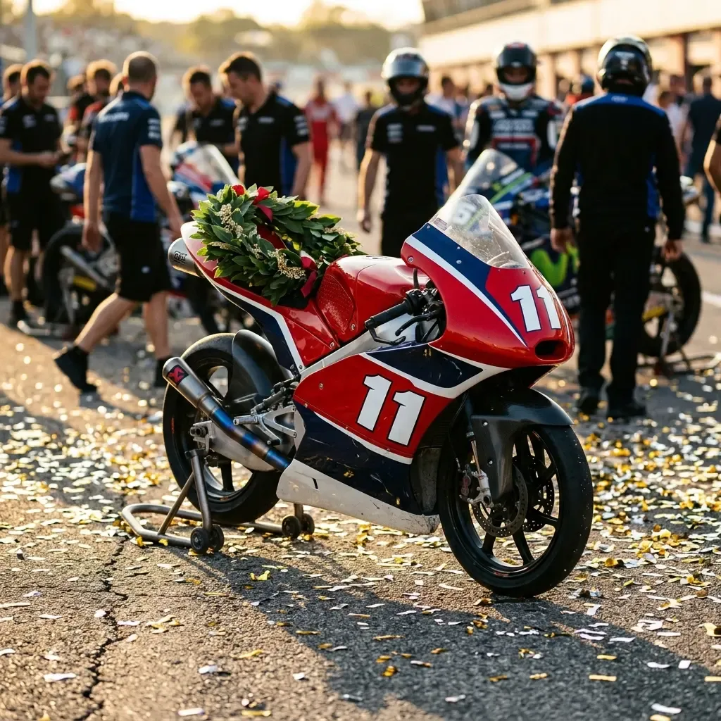 A rider on a generic Moto2-style race bike, not a full prototype, crosses a finish line with one fist raised in pure ela