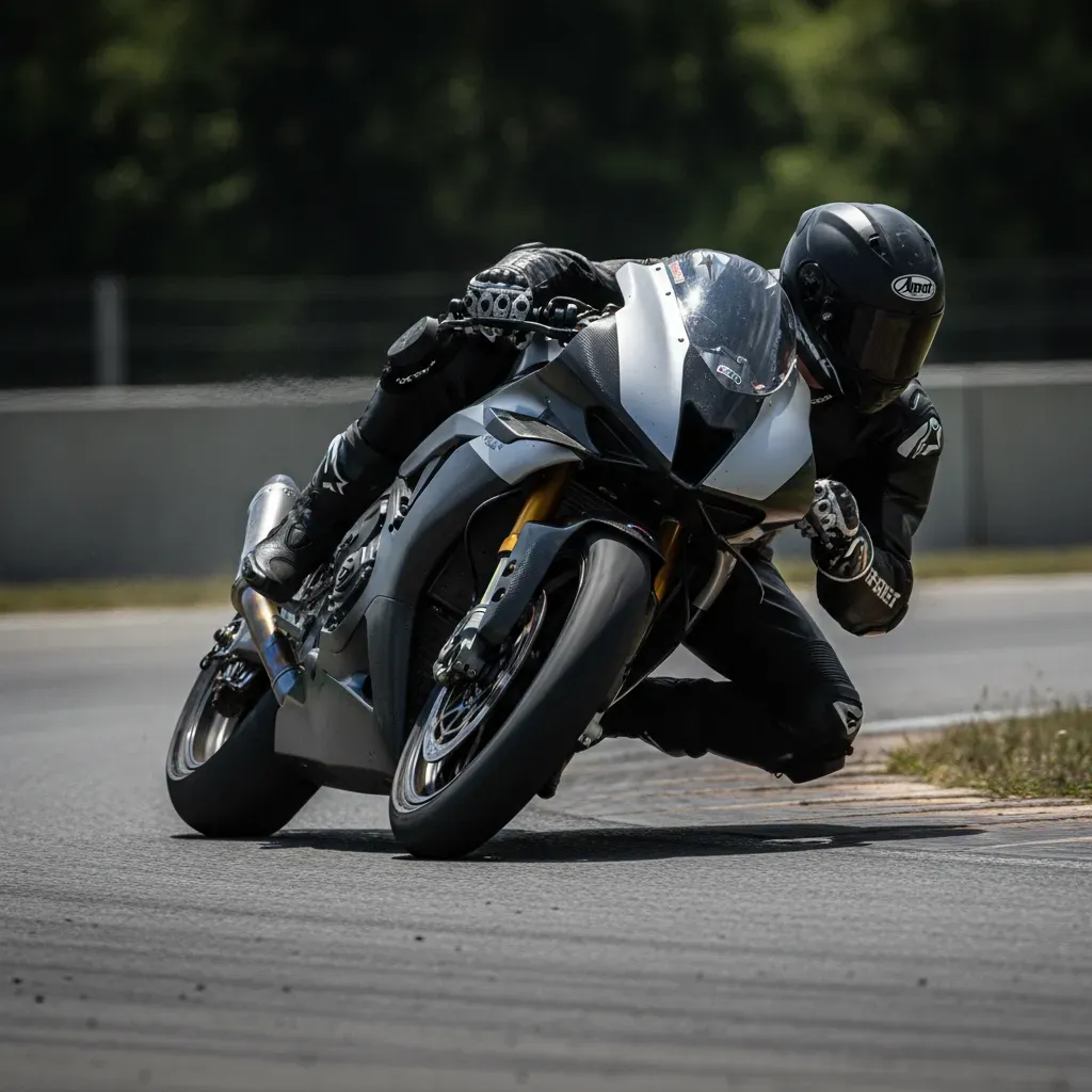 A tight, aggressive shot focusing on a rider wrestling a powerful prototype motorcycle. The rider's body is contorted, p