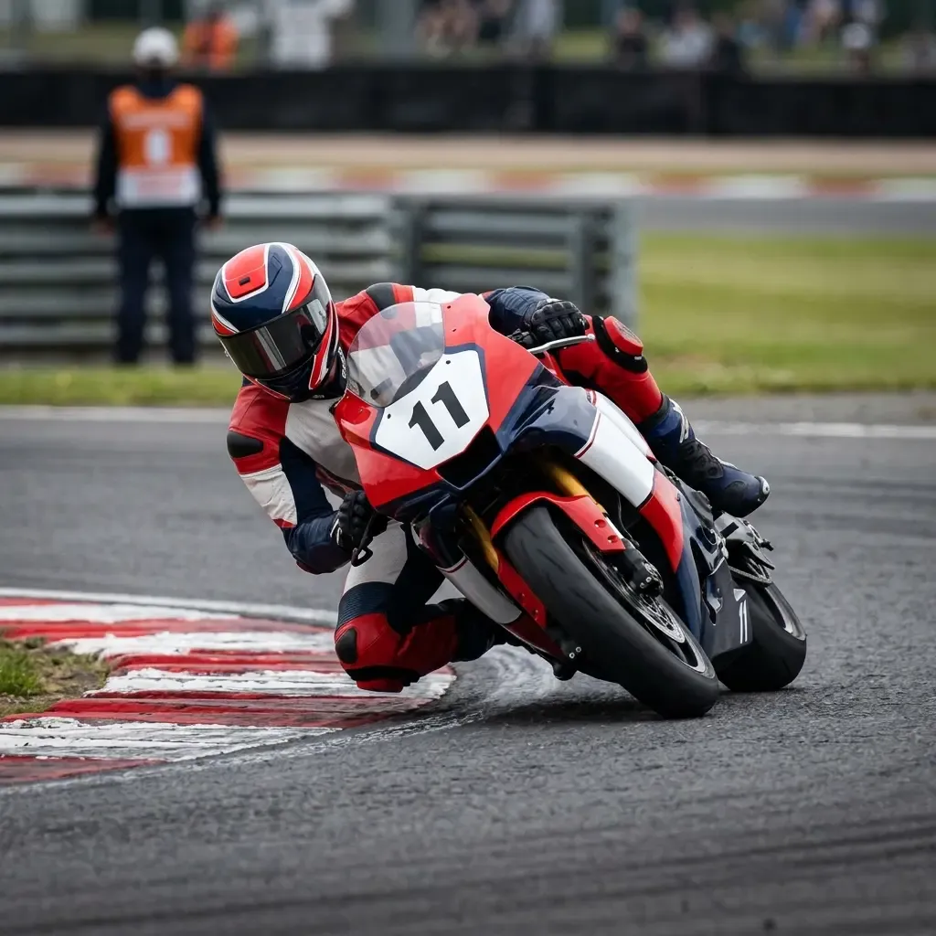 A tight, aggressive shot focusing on a rider wrestling a powerful prototype motorcycle. The rider's body is contorted, p