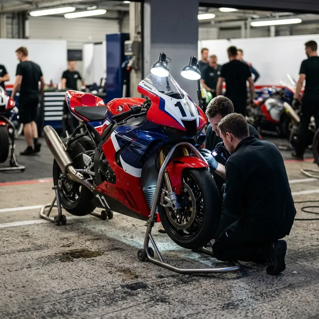An atmospheric shot from behind a rider standing in plain leathers at the edge of a brightly lit pit garage. His helmet