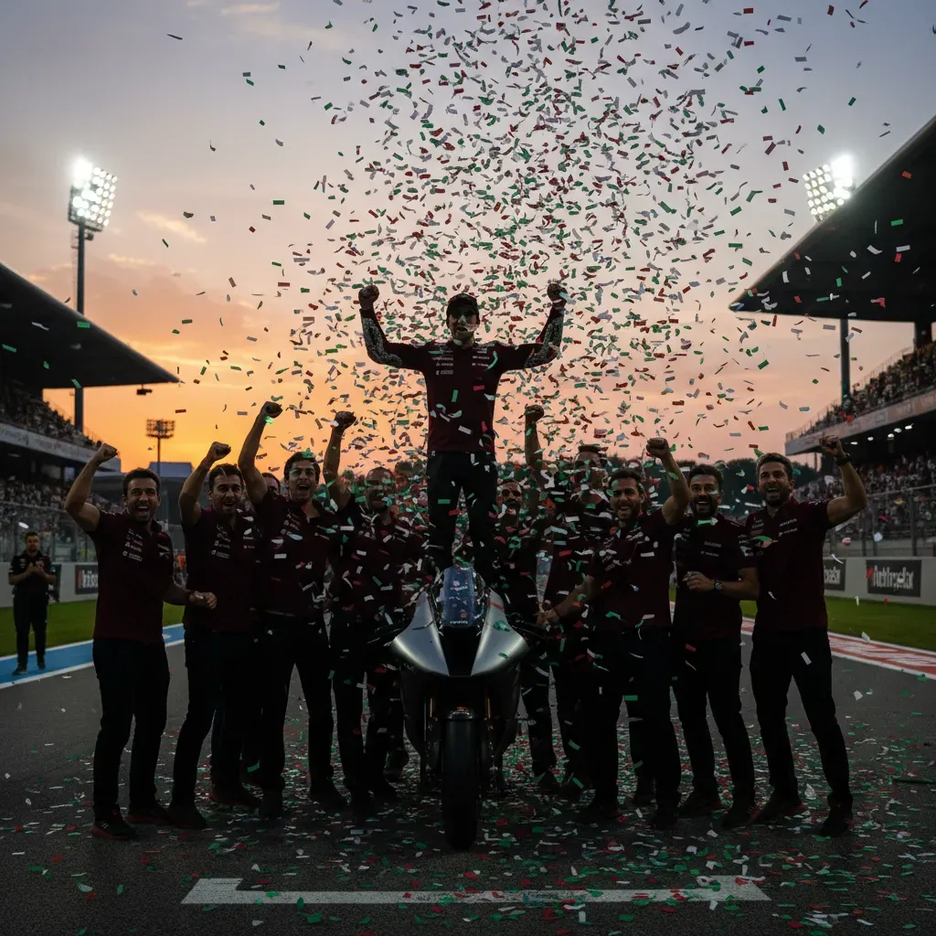 An atmospheric, wide shot of a racing team celebrating under bright circuit floodlights at dusk. Anonymous team members 