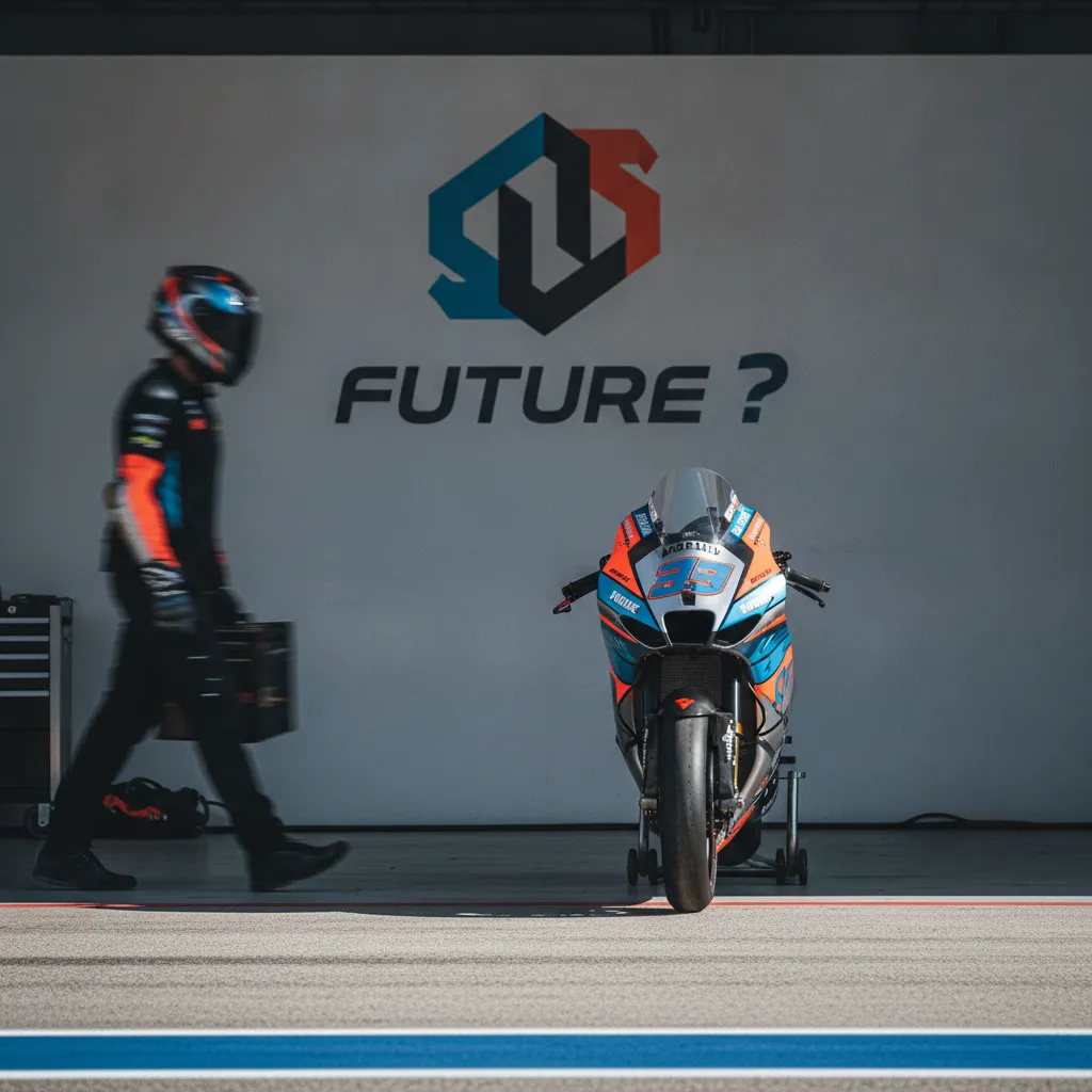 A Trackhouse Aprilia race bike with its distinctive American flag-inspired livery sits in the team's pit garage.