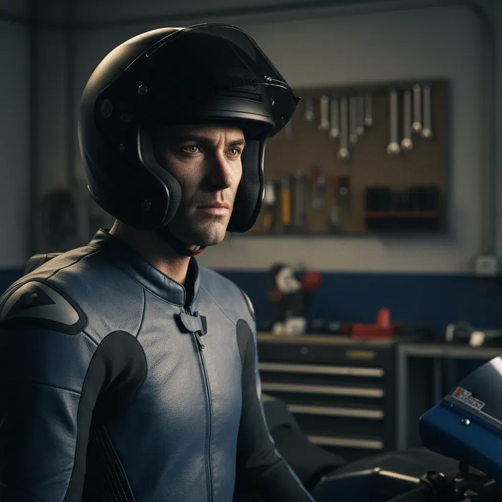 A quiet, intense portrait of a MotoGP rider in a dimly lit garage before a race. He is wearing plain leathers, helmet on
