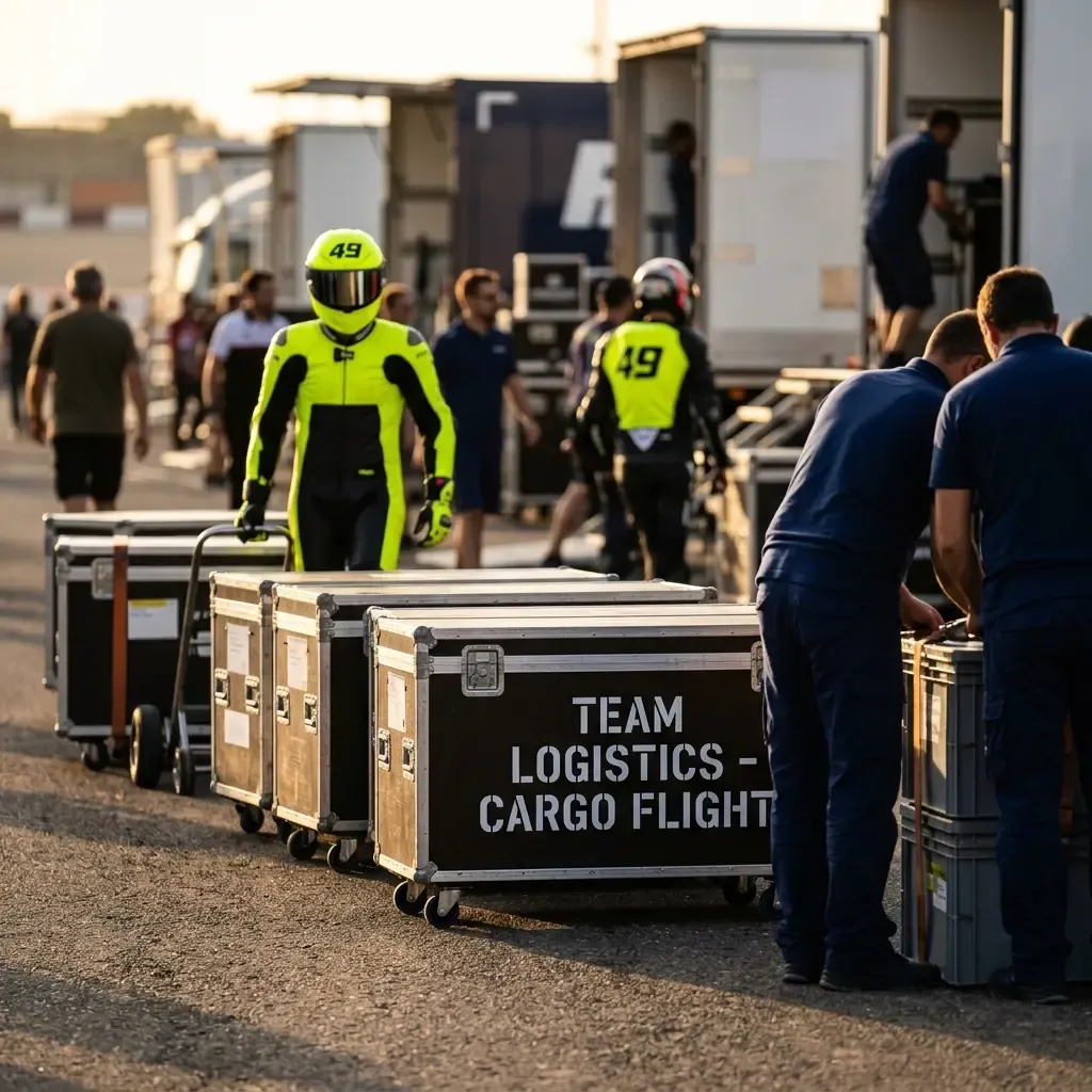 Illustration for our story on back-to-back MotoGP races: team freight cases being packed in the paddock.