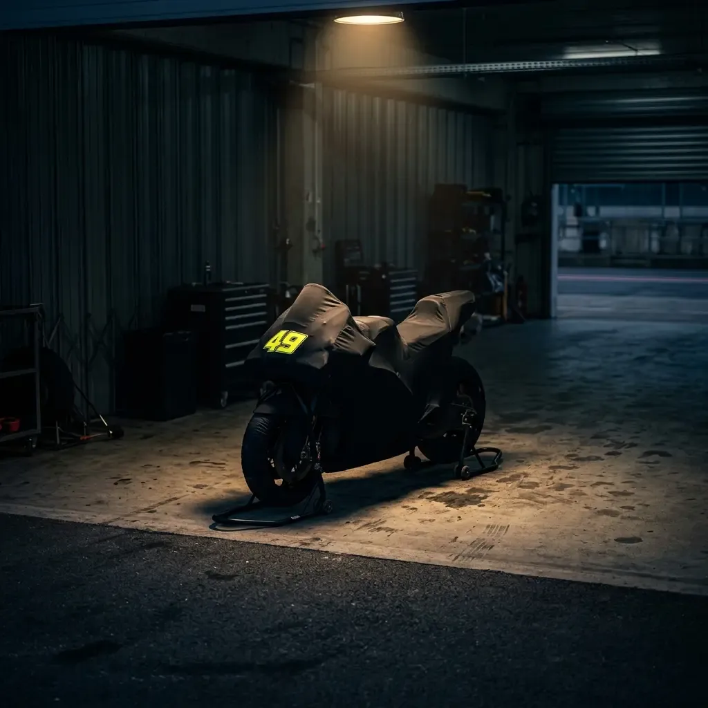 Illustration for our story on an injured MotoGP rider: a race bike under a cover in an empty pit garage.