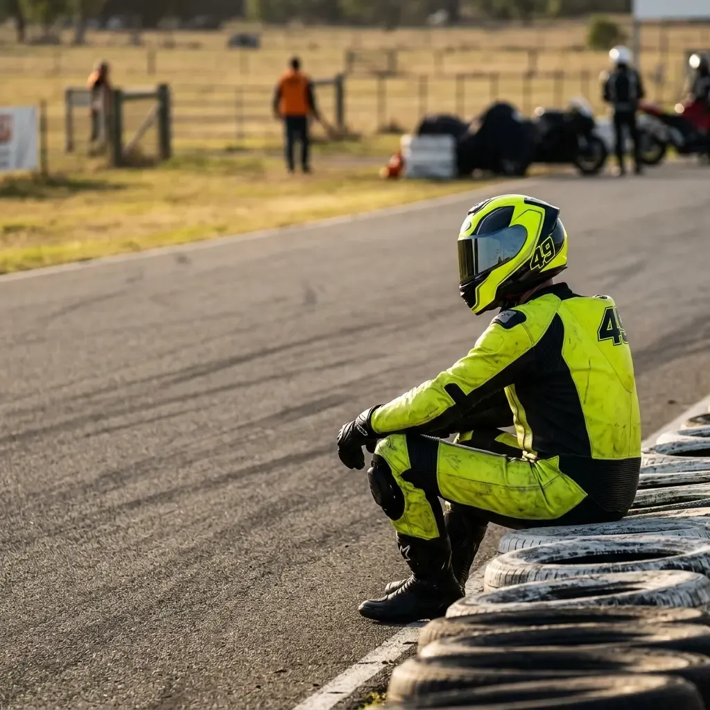 A young, anonymous racer in a slightly worn leather suit sits on the pit wall of a smaller, less glamorous circuit. The 