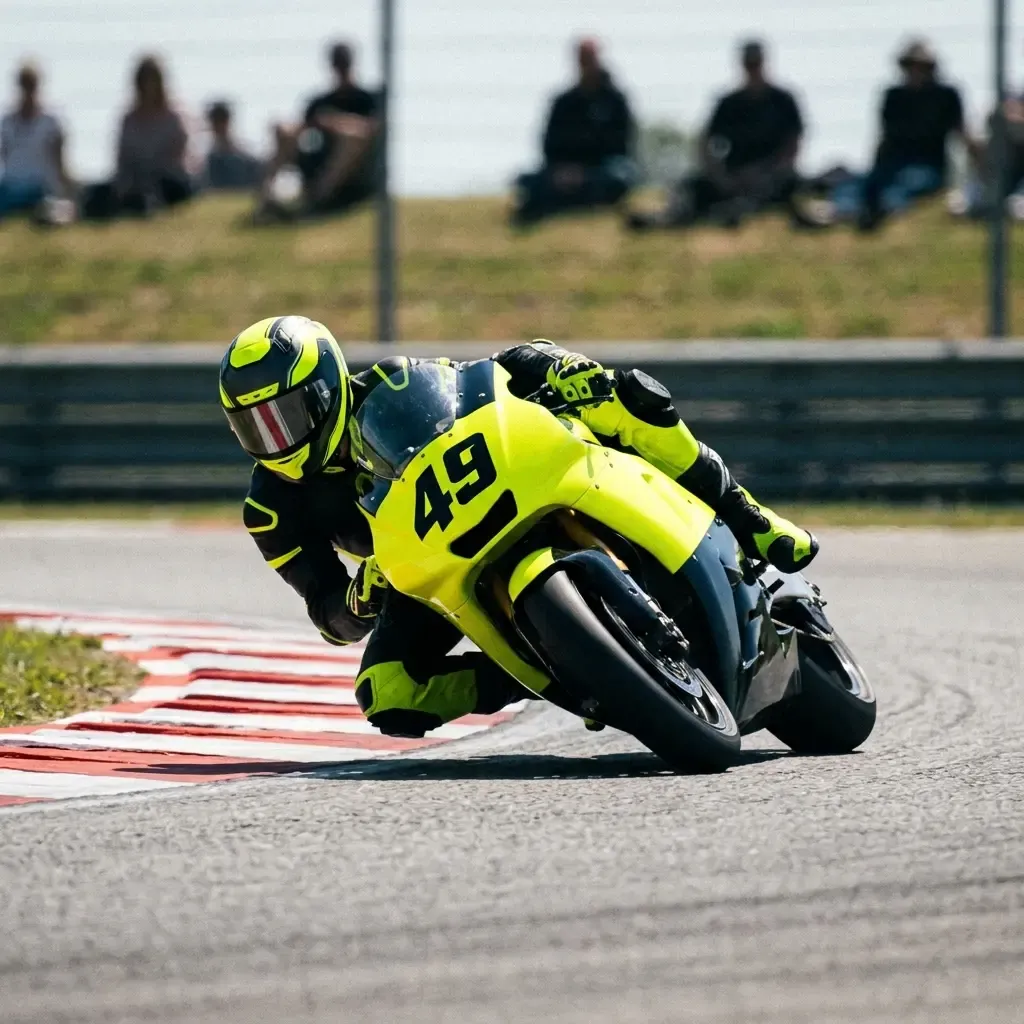 A low-angle trackside shot captures a prototype racing motorcycle leaned over at a seemingly impossible angle through a 