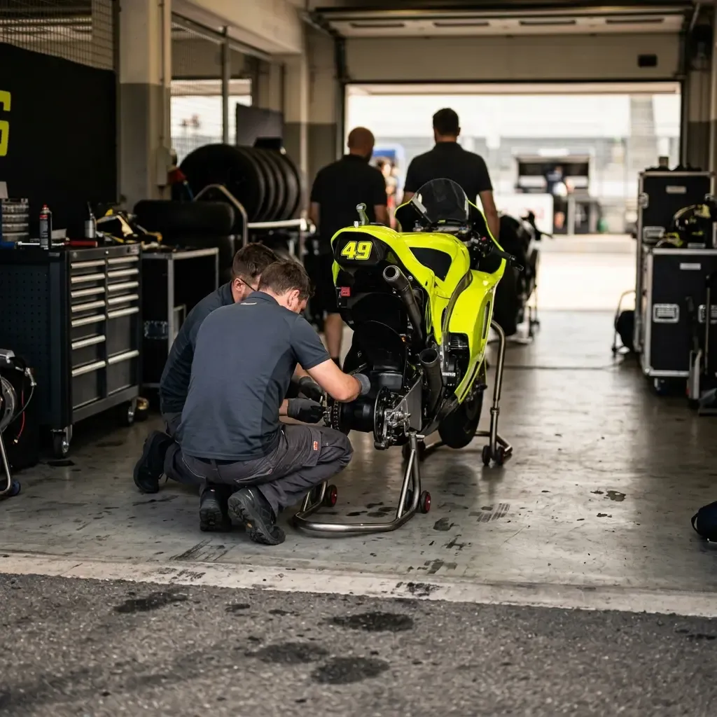 Inside a dimly lit pit garage after a long day of practice. An anonymous rider, back to the camera, stands alone in fron