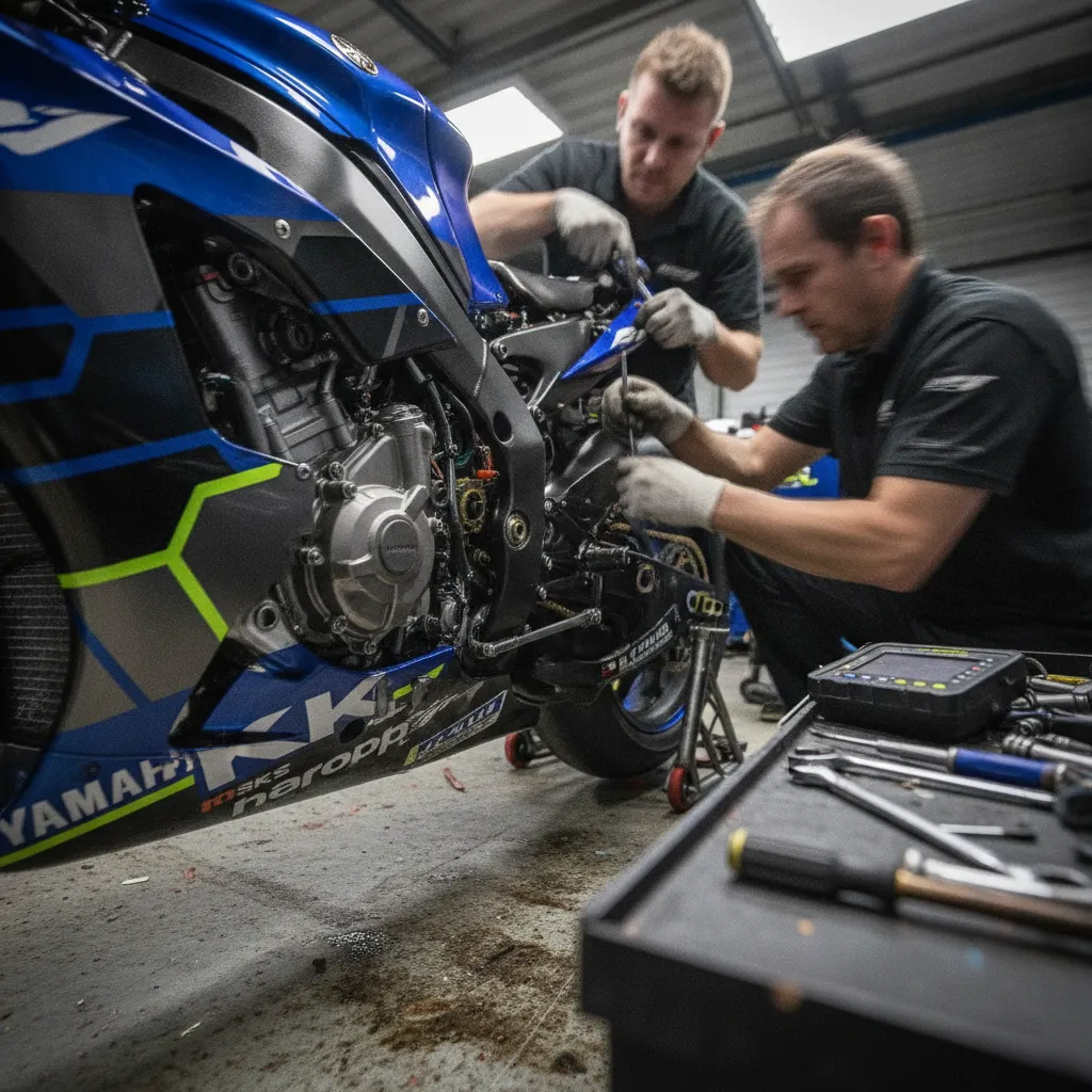 A close-up view of the complex engine of a Yamaha MotoGP race bike being worked on by mechanics.