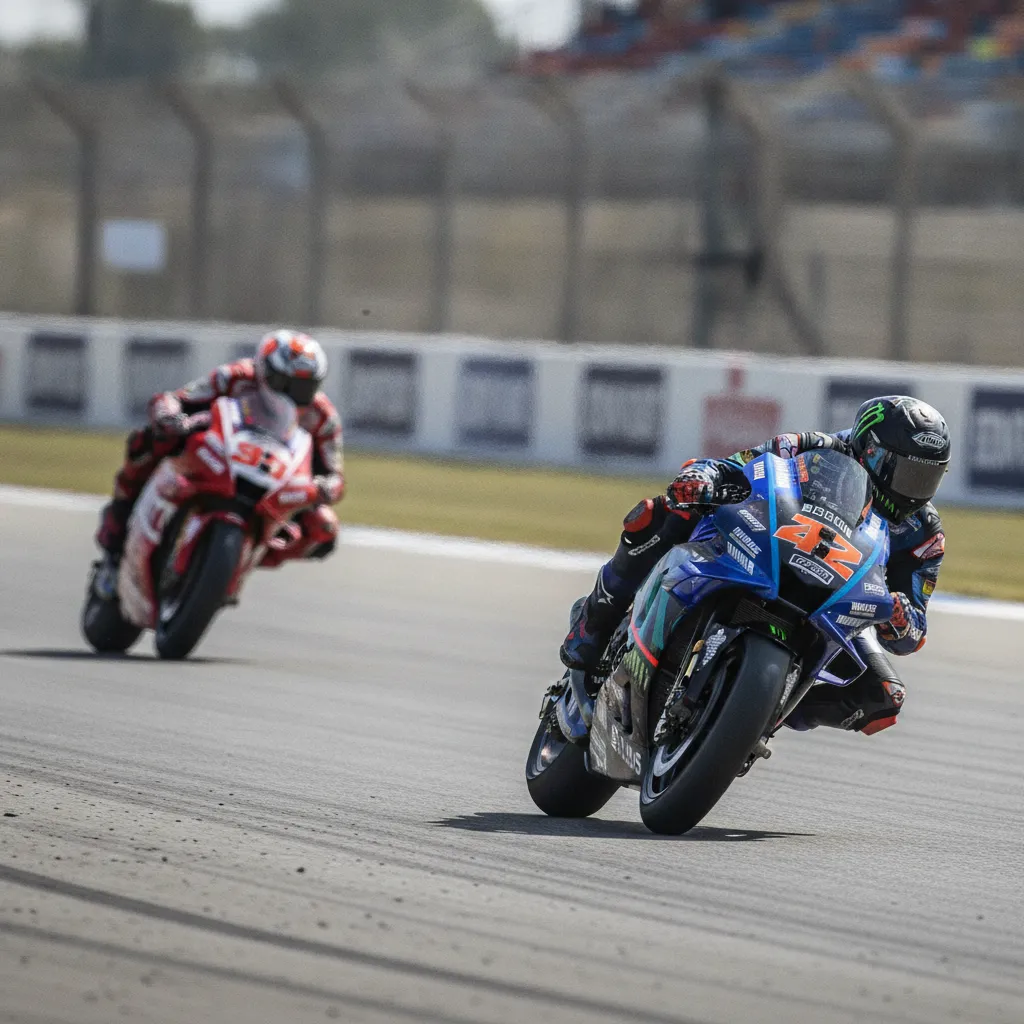 A Monster Energy Yamaha MotoGP bike struggles for straight-line speed as a rival overtakes it on a main straight.