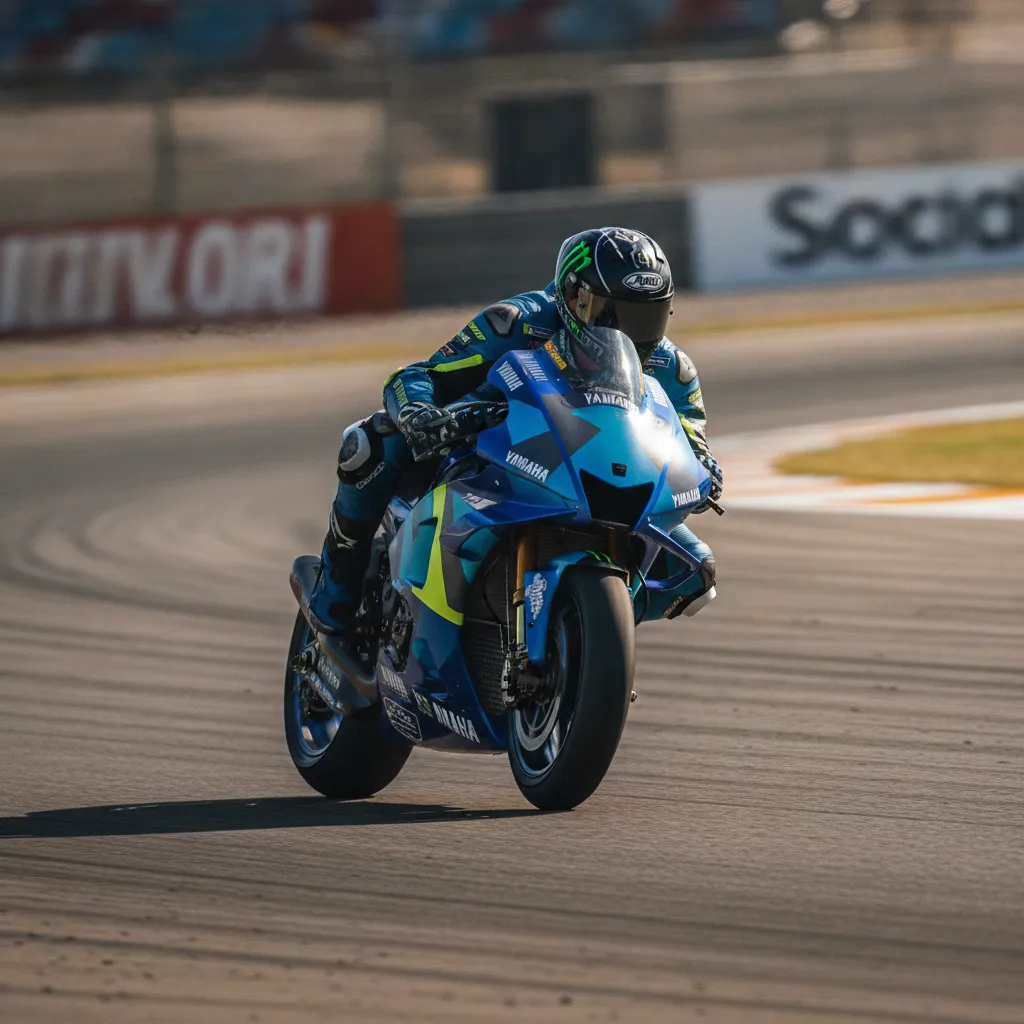 Fabio Quartararo riding his Monster Energy Yamaha MotoGP bike at speed around a corner.