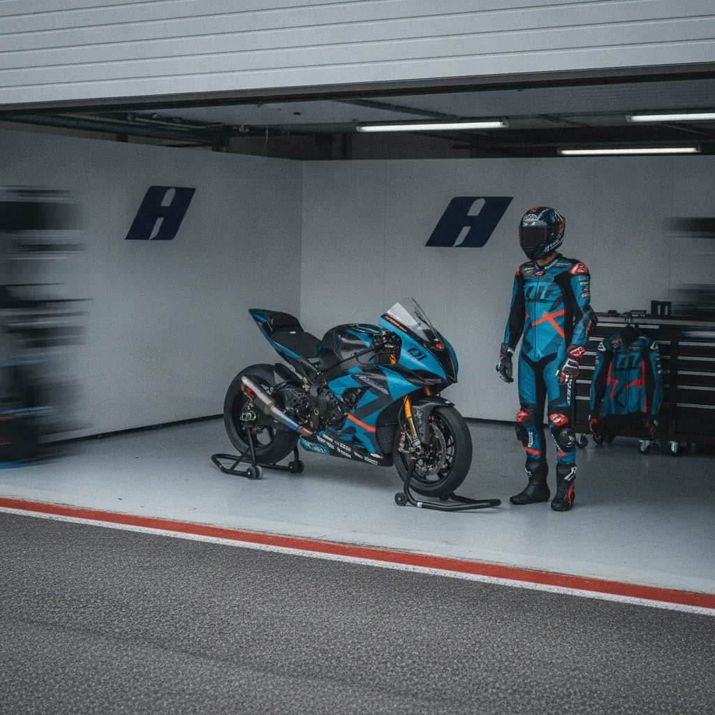 The bustling atmosphere of the MotoGP pit lane, with various teams and personnel preparing for action.