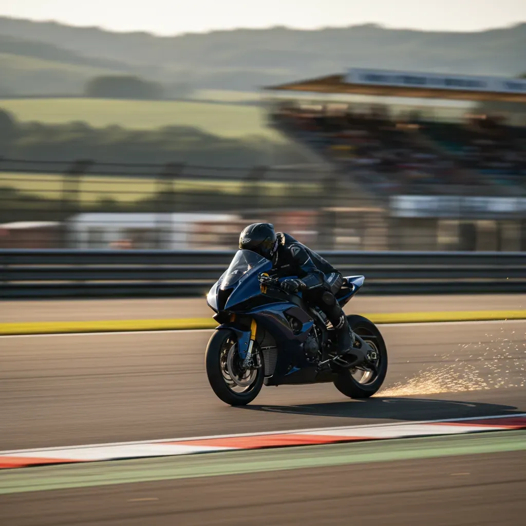 A photorealistic, wide-angle action shot of a rider on a sleek, dark blue prototype motorcycle. The rider is at maximum