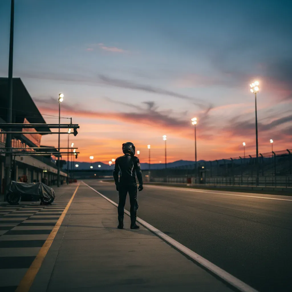 An atmospheric, wide shot from behind a lone rider standing at the pit wall, looking out onto an empty racetrack at dusk