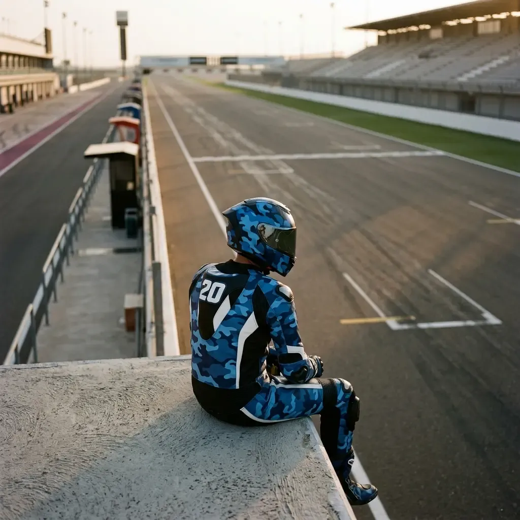 An atmospheric, wide shot from behind a lone rider standing at the pit wall, looking out onto an empty racetrack at dusk