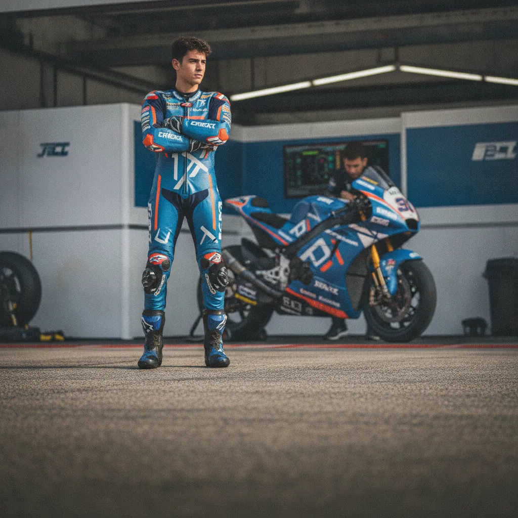 A young Spanish rider, representing Fermin Aldeguer, looks thoughtfully at a data screen in his pit garage.