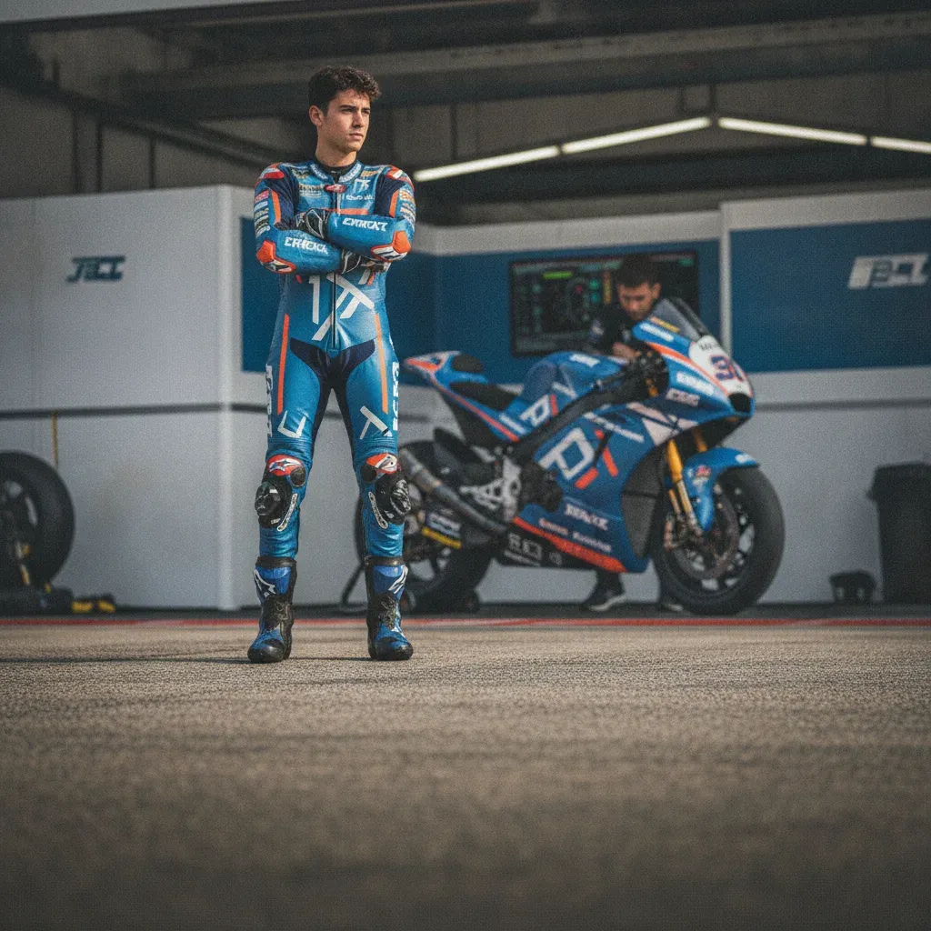 A young Spanish rider, representing Fermin Aldeguer, looks thoughtfully at a data screen in his pit garage.